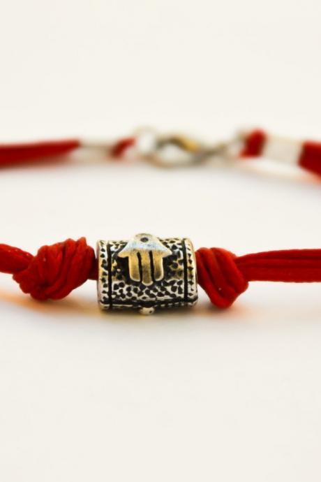 Hamsa Bracelet For Men, Men's Bracelet With A Silver Tube Bead Charm And A Red Cord, Against The Evil Eye, Red Bracelet For Men,